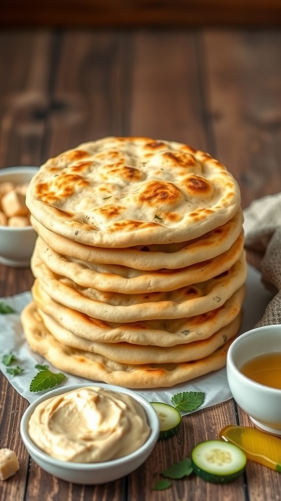 Freshly baked zucchini pita bread stacked on a wooden table with hummus and zucchini slices.